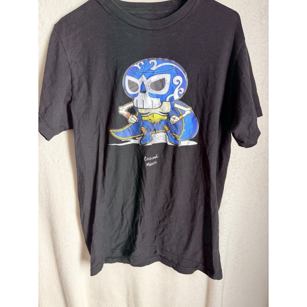 Mare Blue T-Shirt M Black Cozumel Mexico Luchador Skeleton Graphic 100% Cotton